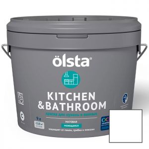Краска интерьерная Olsta Kitchen and Bathroom Белая база А 9 л